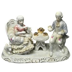 Porcelain Victorian Colonial Courting Couple Dog Woman & Man Figurine Tea Party